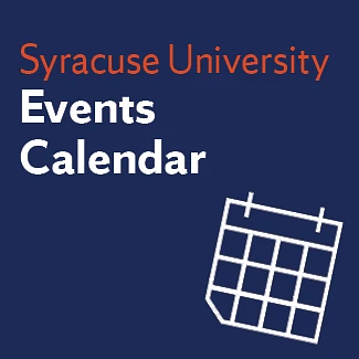 The image shows text displaying "Syracuse University Events Calendar" alongside a white calendar icon on a dark blue background.